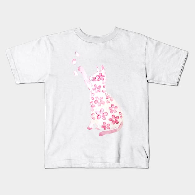 pink cat and cherry flowers watercolor Kids T-Shirt by colorandcolor